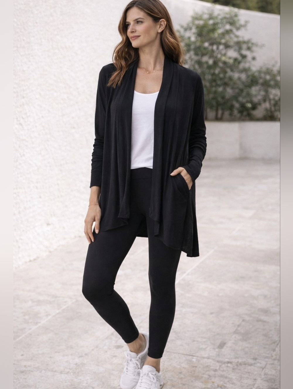 Athleta Pranayama Wrap Cardigan Black Open Front Yoga Cozy Soft Size M